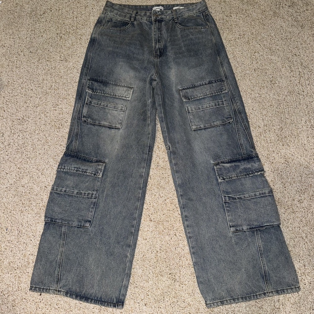 Y2K Cargo Baggy Multi Pocket Jeans Blue Denim Pants Utility Size 31 Skater Indie
